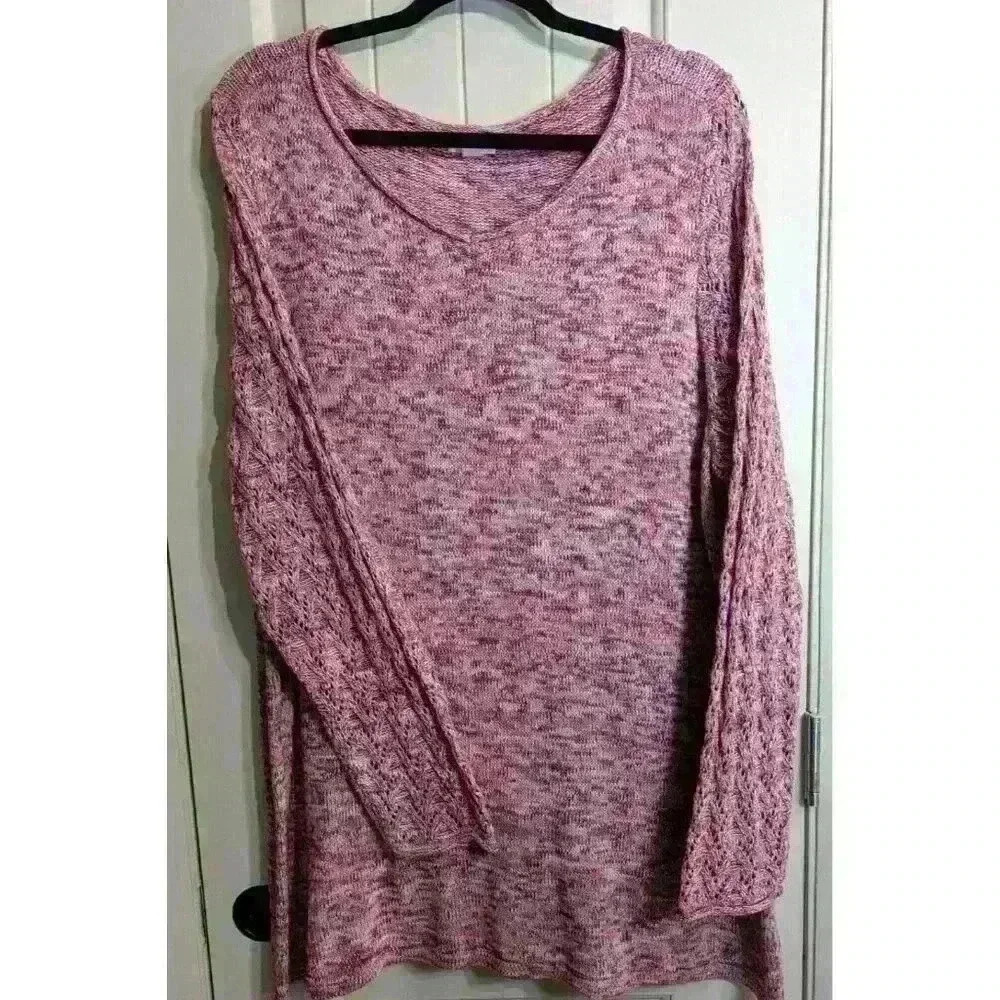 Westport Women's Pink Heathered V-Neck Tunic Sweater Cut Out Sleeves Size 3X